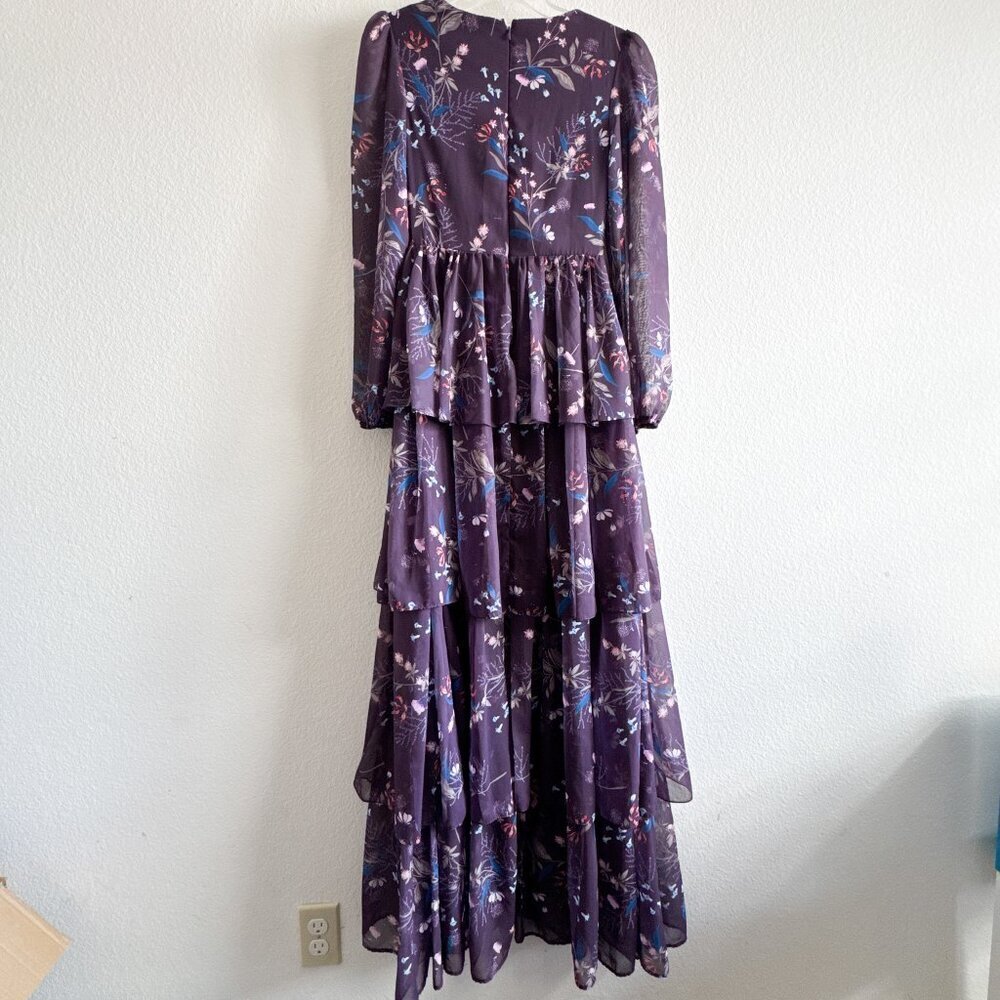 Ieena for Mac Duggal Purple Floral Long Sleeve Tiered Gown Size 0 - Picture 8 of 14